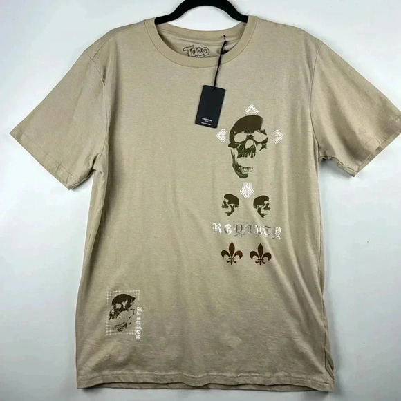 TACO TUESDAY TEE SHIRT SZ L 100% COTTON SKULL DESIGN NWT TAN BROWN WHITE SILVER - Picture 2 of 5